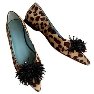 Frances Valentine Leopard Print Pointed Toe Flats with Black Beaded Pom